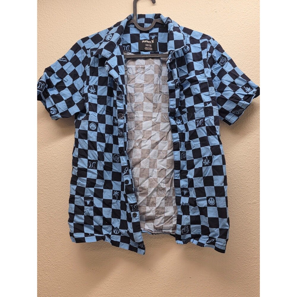 Hurley Boys Size 14-16 Button Up Shirt Blue Checkered Plaid Short Sleeve XL